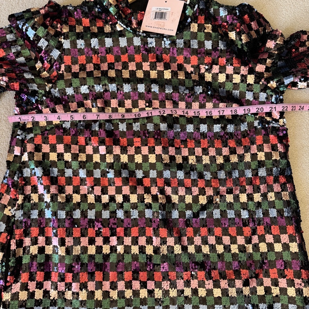 NEW Buru Mod Colorful Sequin Checkered Mini Dress L - Picture 9 of 11